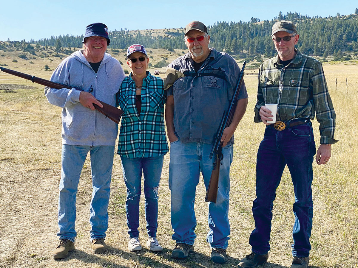 Left to right: Lon Morris, Lucinda Bryan, Tor Pederson and Kirk Bryan. Lon and Tor are holding their “brother” Winchester High Wall muskets in .22 LR.